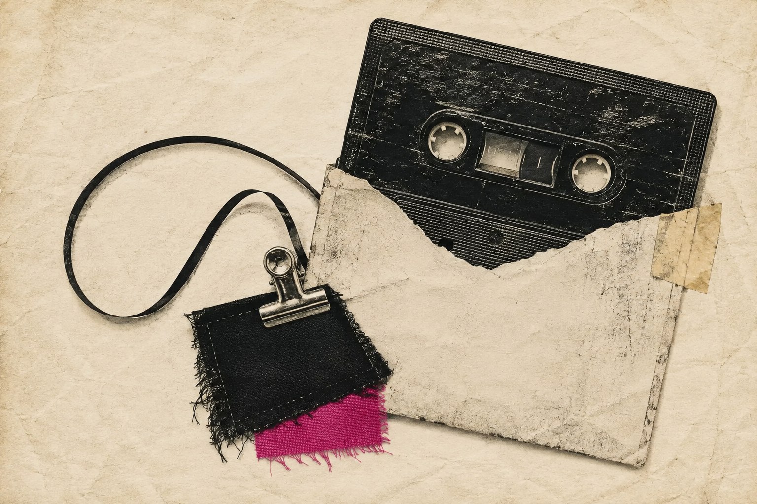 A worn cassette in a torn paper sleeve, with loose tape and clipped fabric swatches.