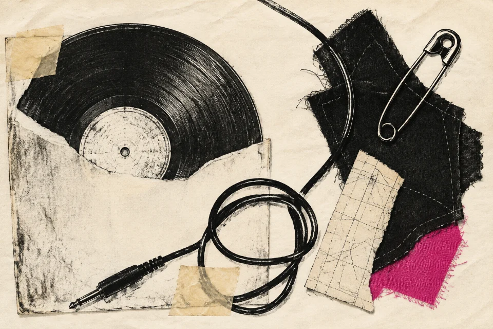 An animated paper collage: a vinyl record spins behind its sleeve while an audio cable and fabric scraps gently move.